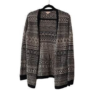 Merona black and white tribal print knit open front long cardigan size small